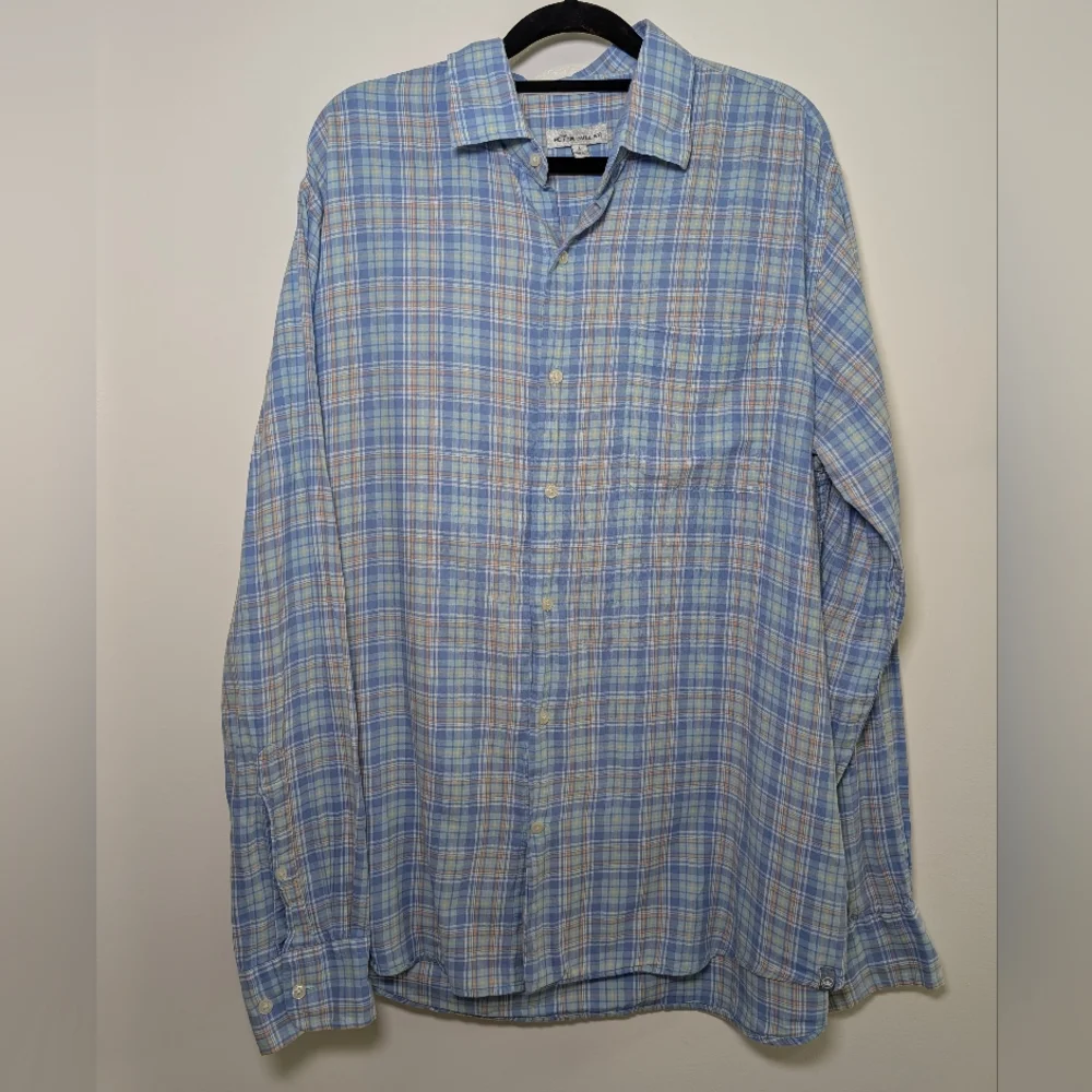 Peter Millar Blue Plaid 100% Cotton Button Down Shirt Large Preppy Coastal - Picture 2 of 5